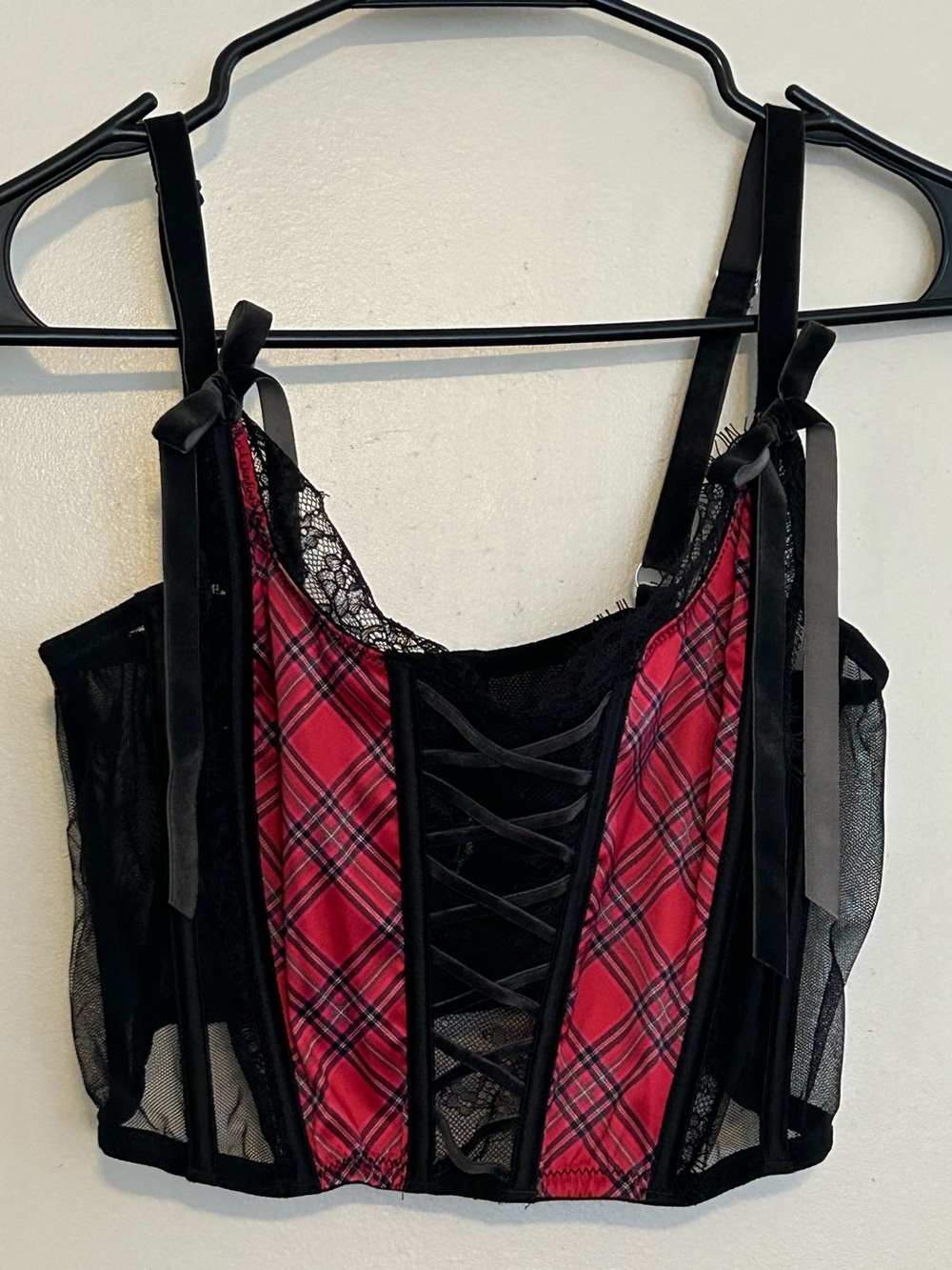 Black Lacey Corset Crop Top with Tartan Panels and Clasps